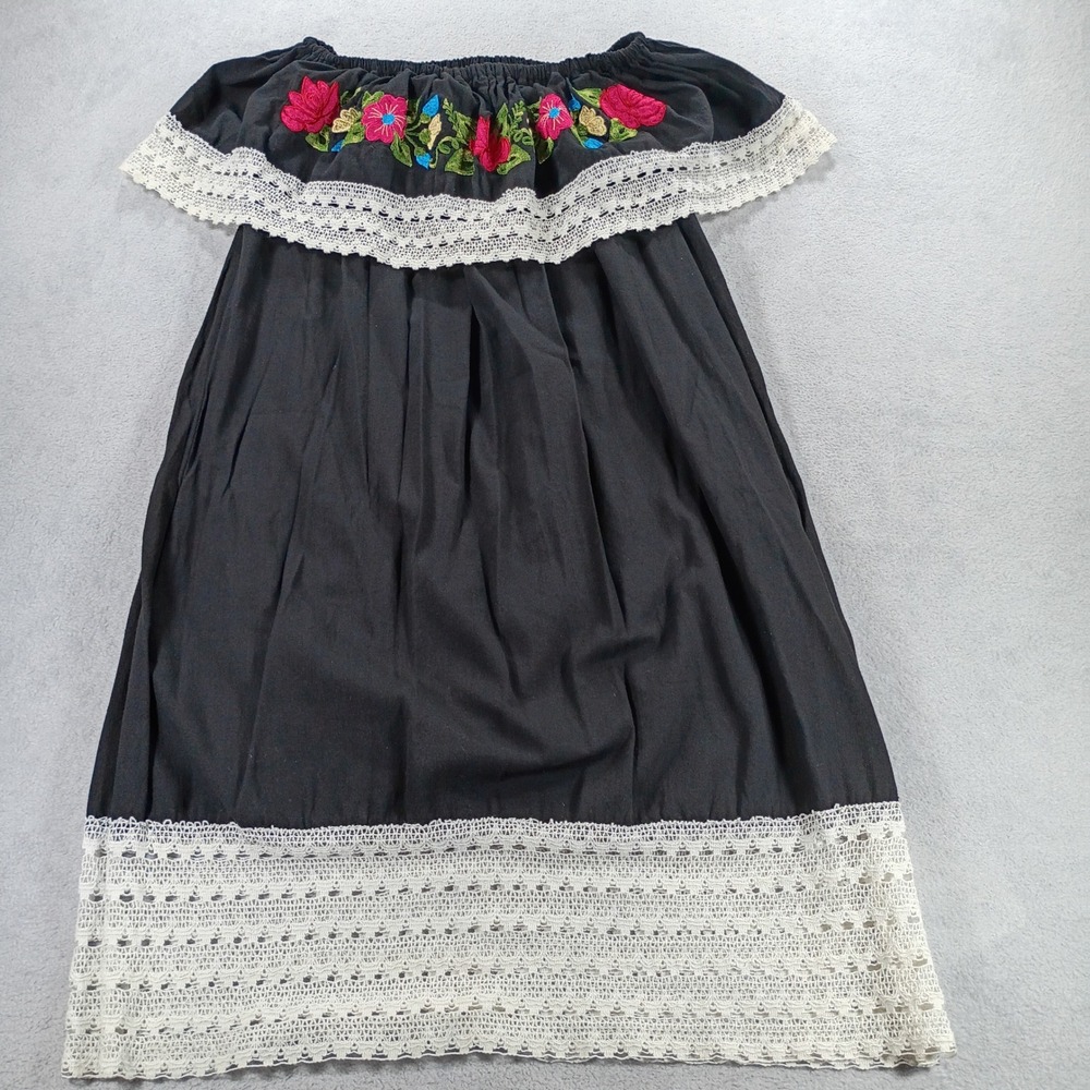 Unbranded Women Mexican Dress Black Small Floral Embroidery Crochet Lace Trim